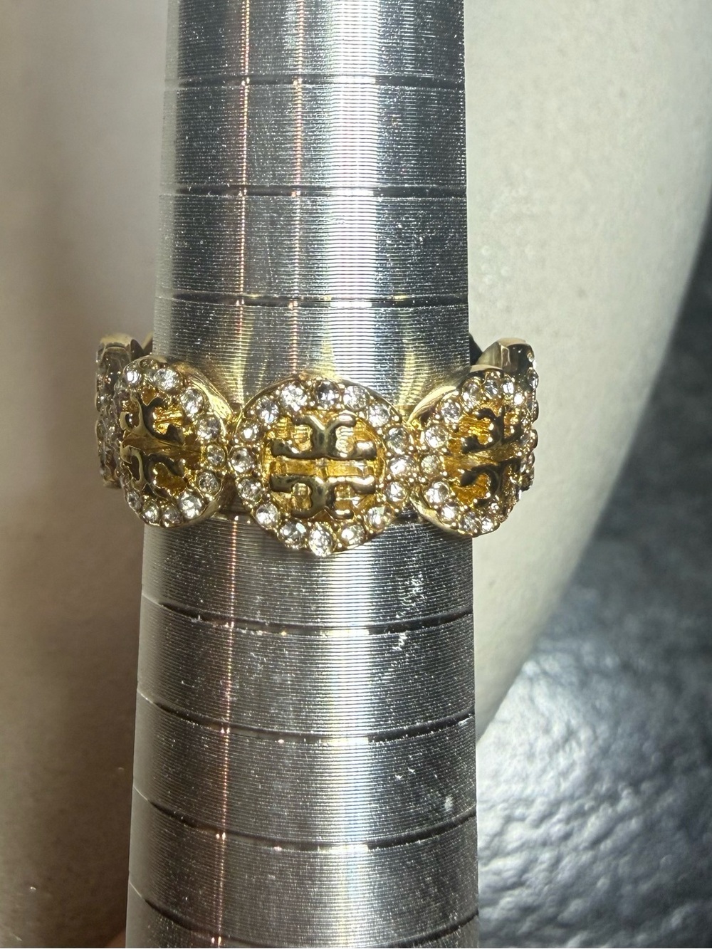 Tory Burch Gold-Tone Crystal Logo Ring Size 7